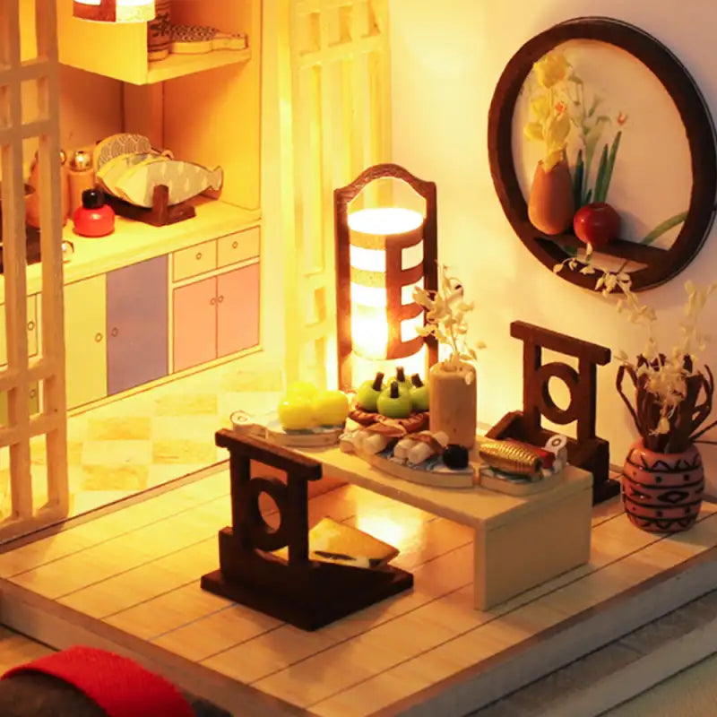 Intérieur de maison de poupée miniature de style japonais avec éclairage chaleureux