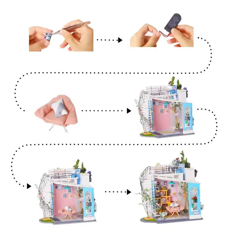 Instructions de montage d’une maison de poupée miniature.