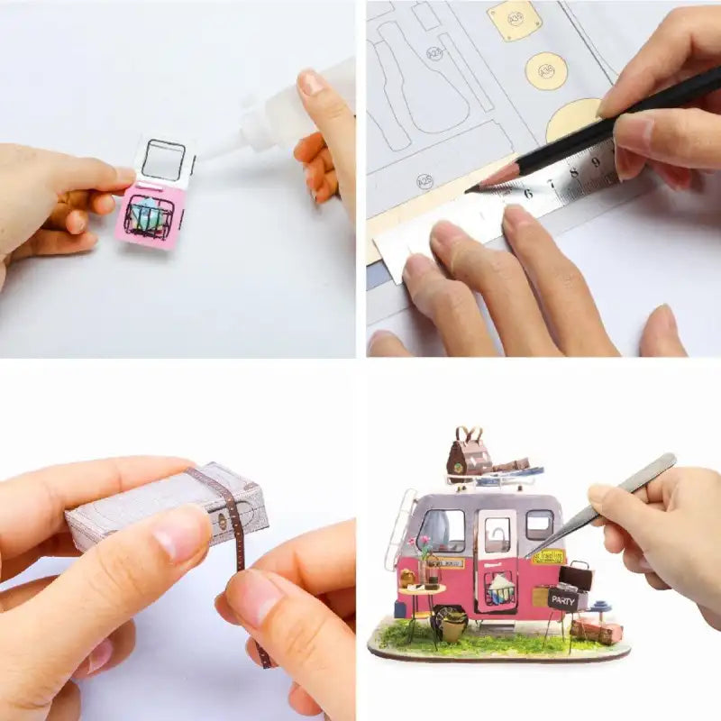 Instructions pour l’assemblage d’un camping-car miniature en papier.