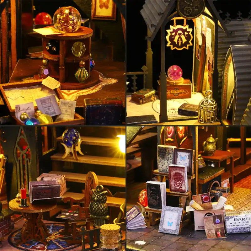 Un diorama miniature très détaillé d’une boutique magique ou d’une apothicairerie.