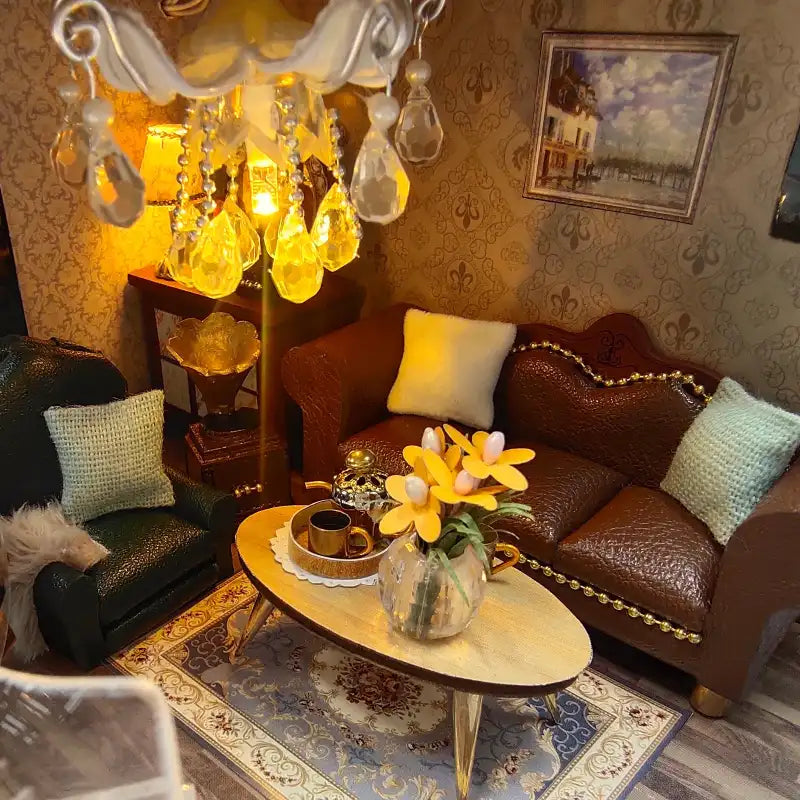 Meuble de salon miniature avec lustre.