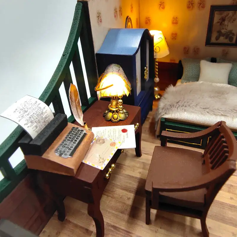 Une chambre de maison de poupée miniature.