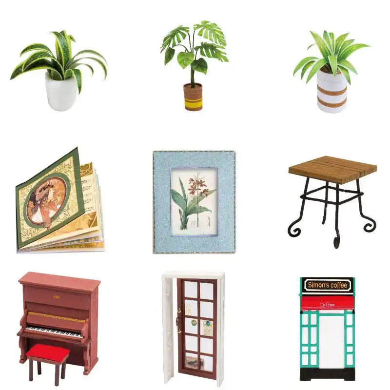 Neuf objets domestiques et décoratifs miniatures distincts, dont des plantes, des meubles et une porte.