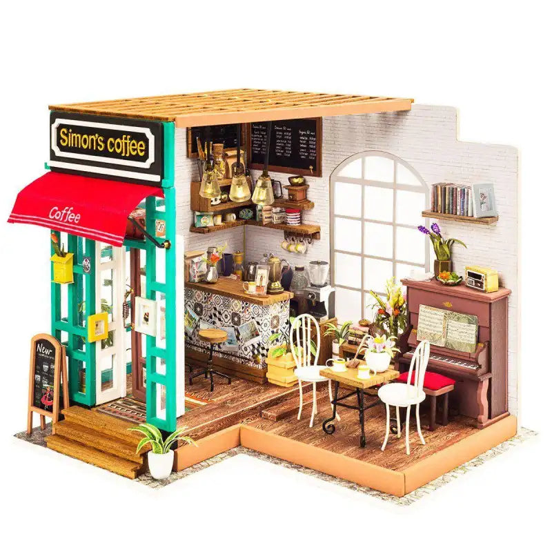 Diorama miniature d’un café et d’une salle de musique.