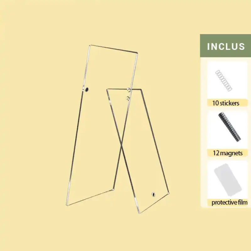 Présentoir en acrylique transparent avec cadre métallique et accessoires inclus.