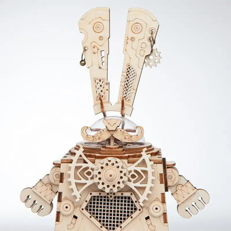 Puzzle lapin mécanique en bois de style steampunk.