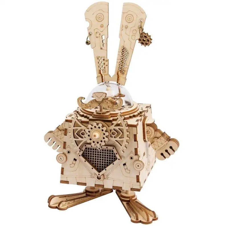 Puzzle lapin mécanique en bois avec un mécanisme d’engrenage visible et un dôme transparent.