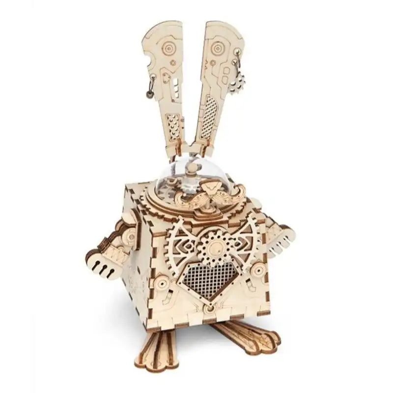 Un puzzle de lapin mécanique en bois inachevé.