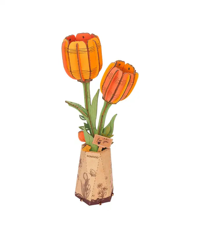 Un kit de puzzle en bois représentant deux tulipes orange dans un pot marron.