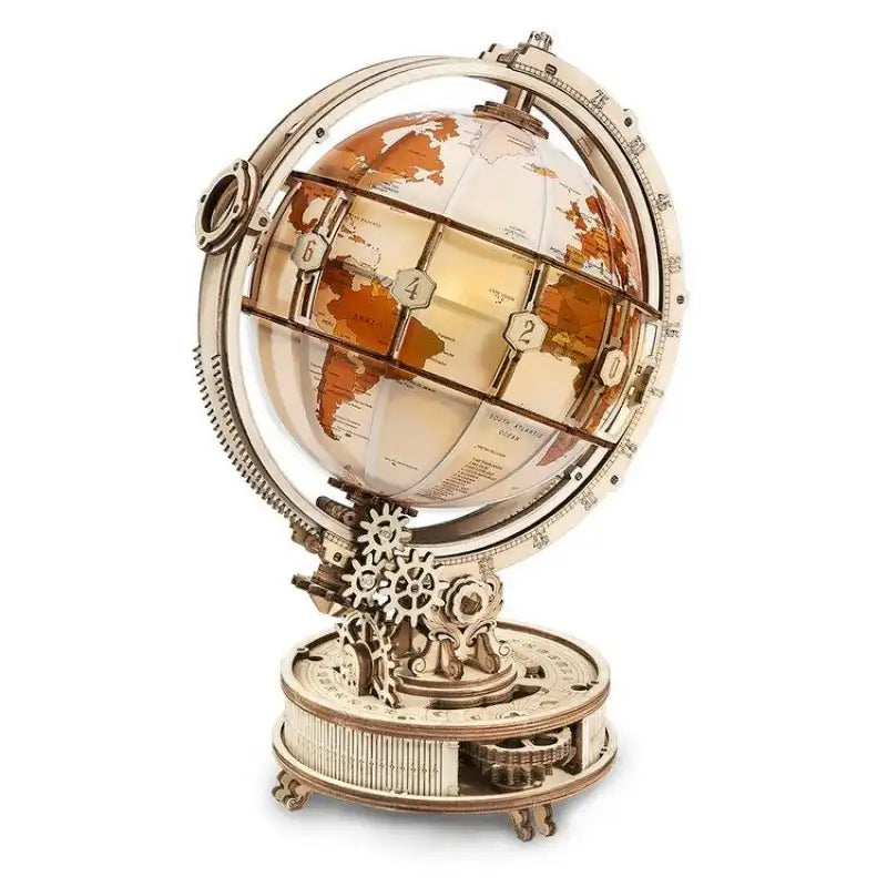 Un modèle de globe en bois complexe avec des engrenages et un support rotatif.