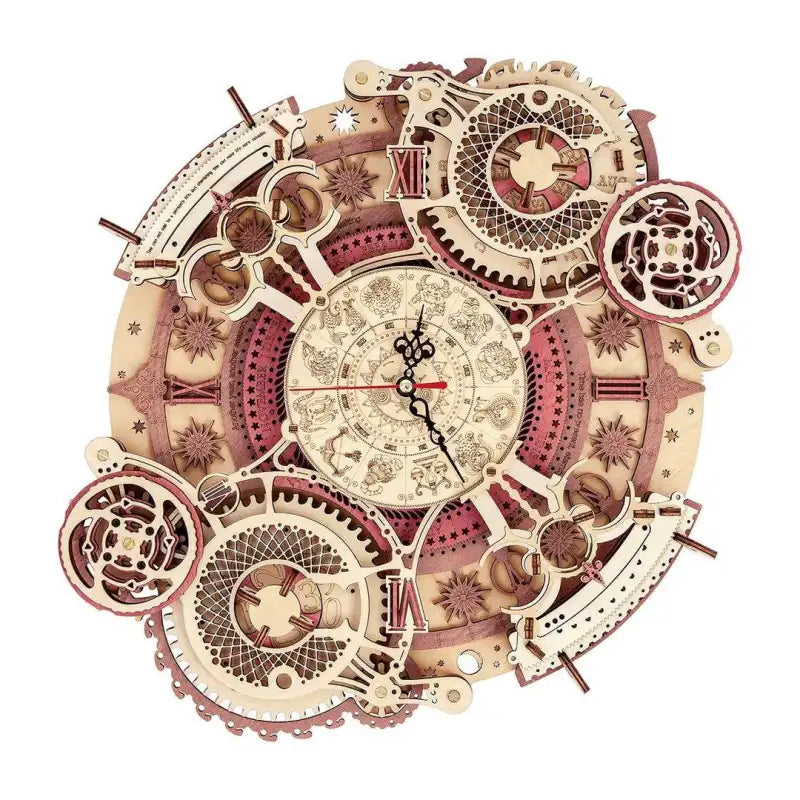 Horloge en bois découpée au laser avec engrenages visibles et cadran astrologique.