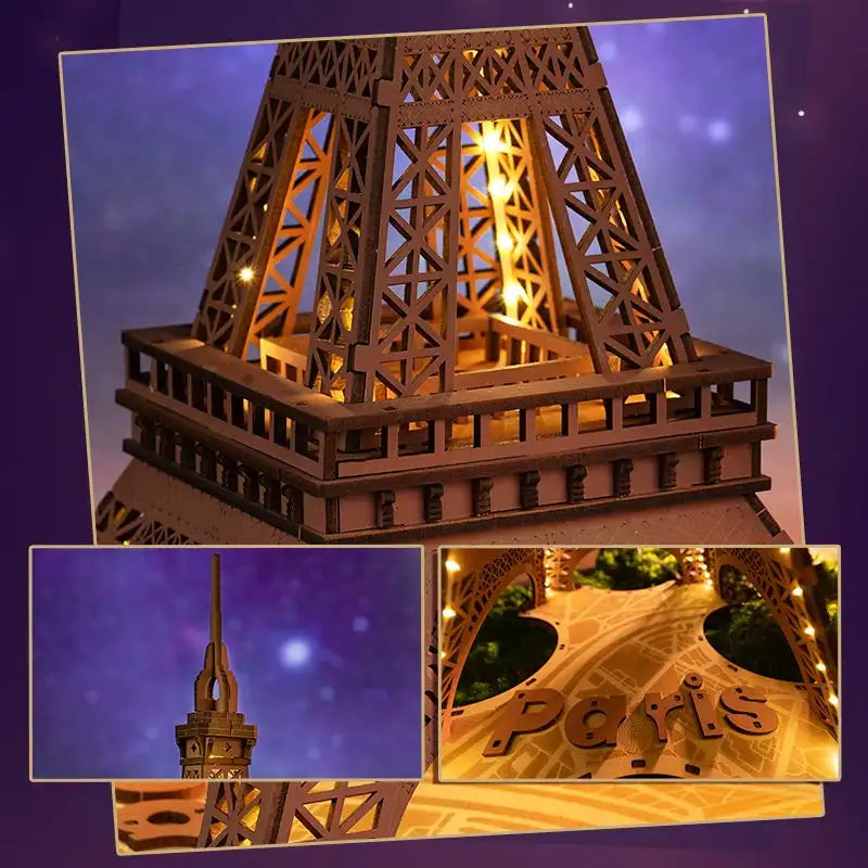 Maquette de la Tour Eiffel en bois illuminée.