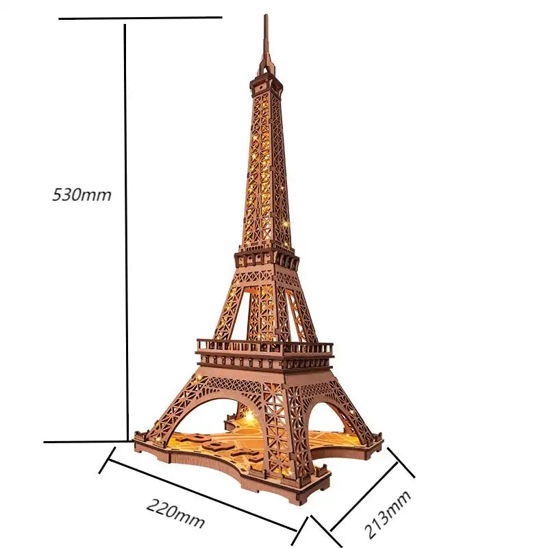 Modèle de Tour Eiffel en bois éclairé avec des dimensions précises.