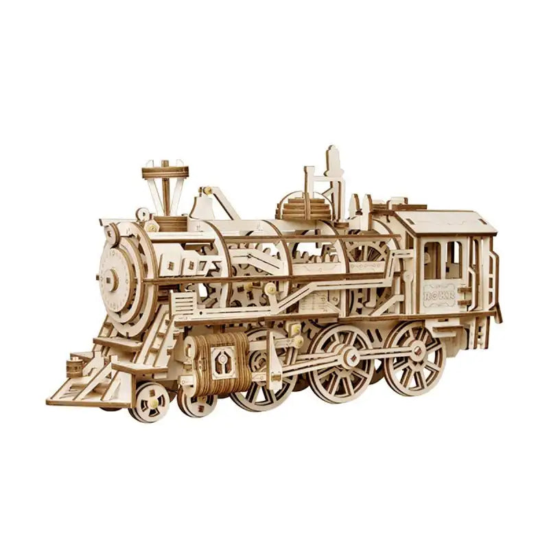 Un modèle en bois complexe d’une locomotive à vapeur.