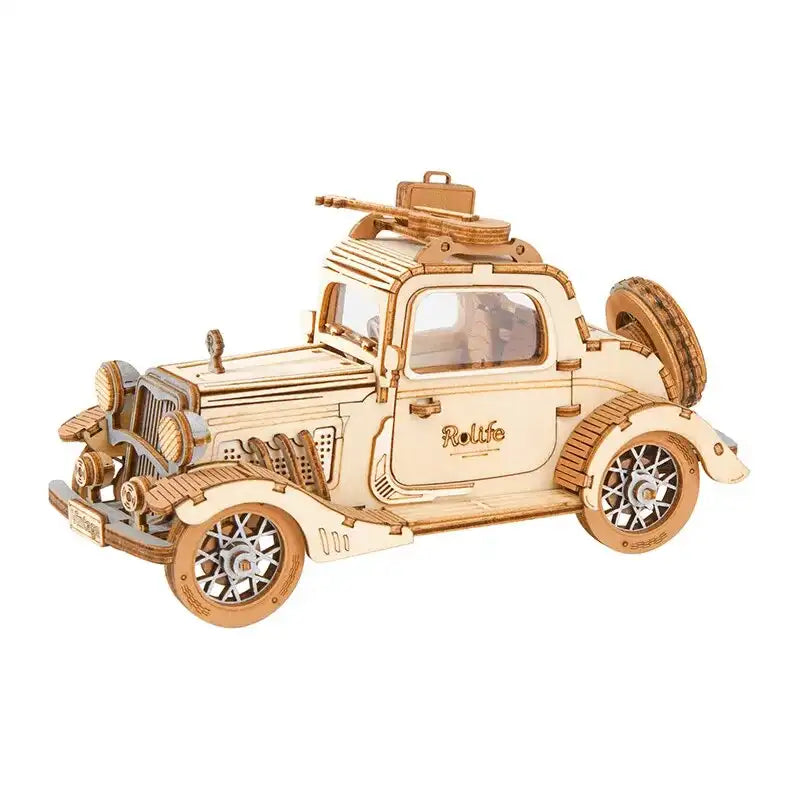 Modèle de puzzle 3D en bois léger, découpé au laser, représentant une voiture de collection avec une mitrailleuse montée sur le toit.