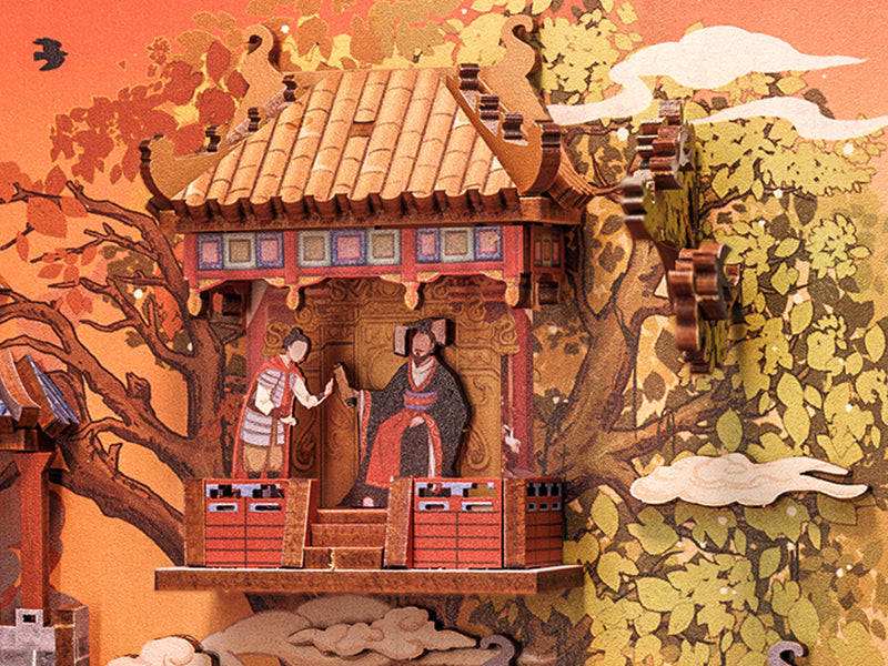 Un diorama miniature en 3D d’un ancien bâtiment chinois avec des personnages.