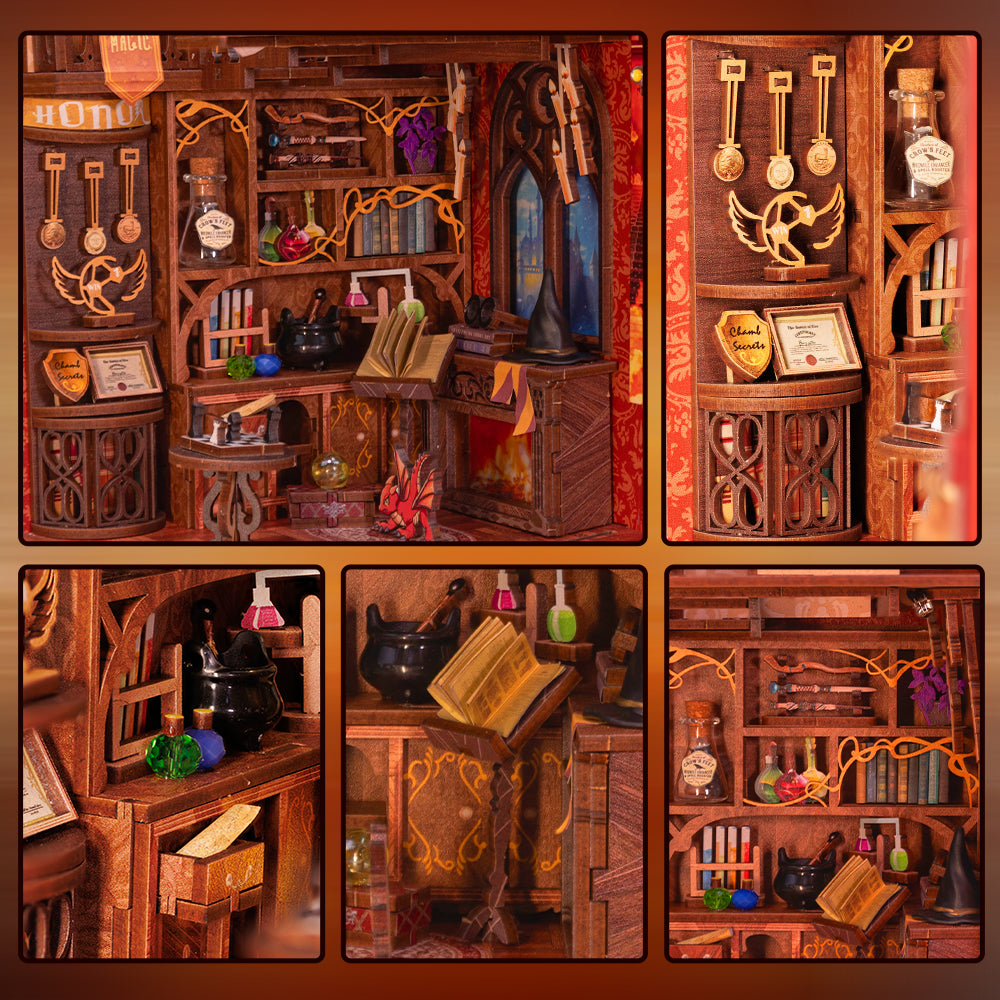 Bureau de sorcier miniature en bois complexe avec divers objets magiques.