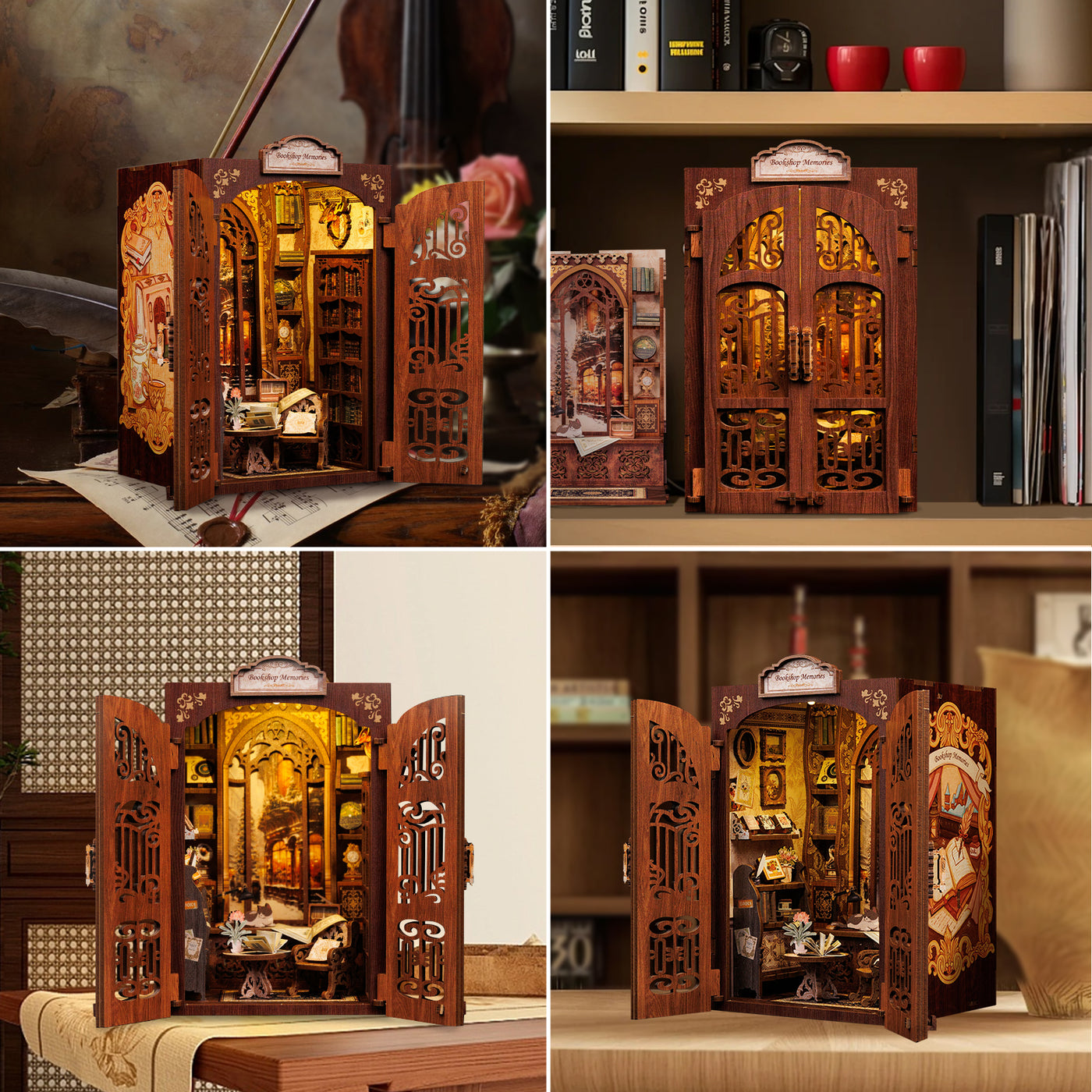 Un livre miniature en bois avec une scène de bibliothèque illuminée.