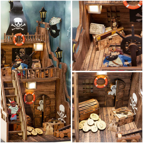 Jeu de bateau pirate en bois aux détails complexes avec plusieurs niveaux, des figurines et des accessoires.