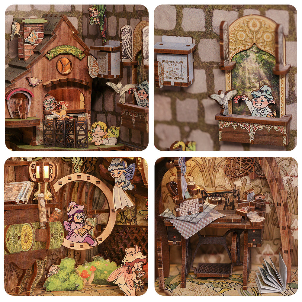 Maison de poupée miniature en bois avec plusieurs pièces et des personnages de contes de fées.